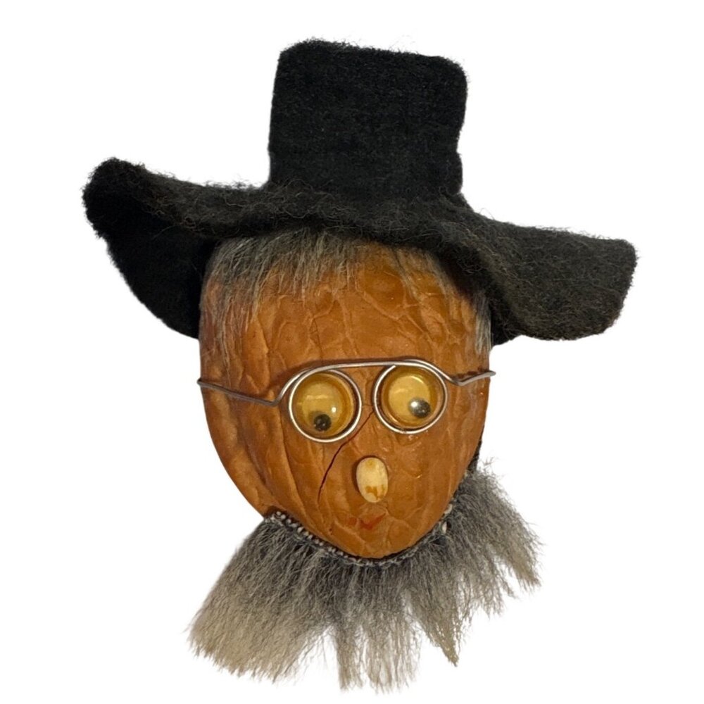 Walnut Shell Figurine Scarecrow Magnet With Felt Hat & Wire Glasses 2.5"
